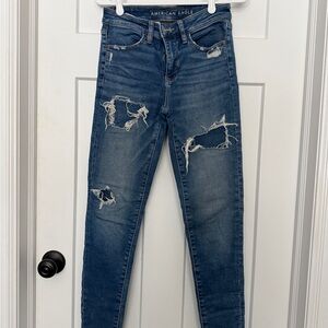 American Eagle Outfitters Women's Ripped Blue Next Level Stretch Hi-rise Jegging